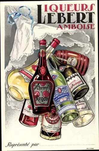 Künstler Ak Liqueurs Lebert Amboise, Likörflaschen, Reklame, Avis de Passage