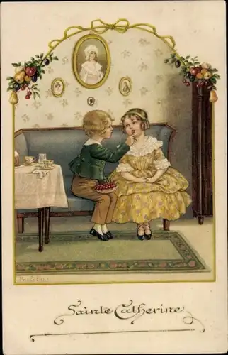 Künstler Ak Ebner, Pauli, Sainte Catherine, Junge füttert Mädchen auf einer Couch