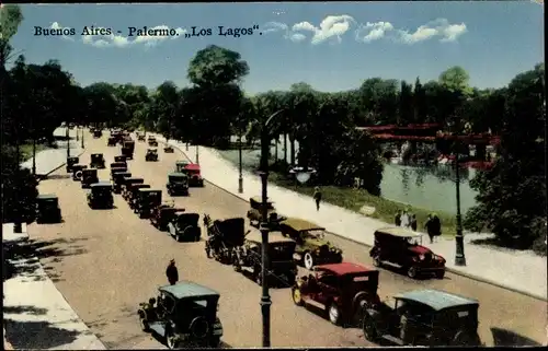 Ak Buenos Aires Argentinien, Palermo, Los Lagos, queue of cars, river