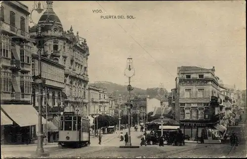 Ak Vigo Spanien, Puerta del Sol, Straßenbahn