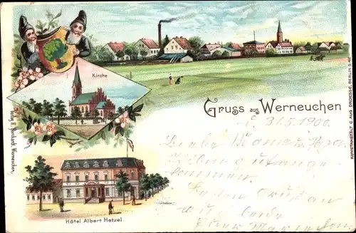 Litho Werneuchen im Kreis Barnim, Gesamtansicht, Hotel Albert Hetzel, Kirche, Zwerge, Wappen