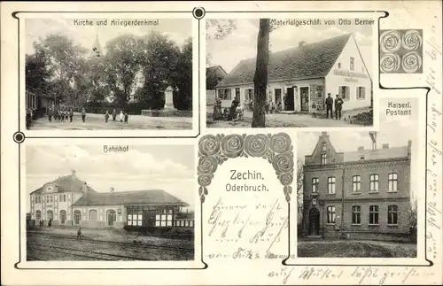 Ak Zechin im Oderbruch, Kirche, Kriegerdenkmal, Materialgeschäft, Kaiserl. Postamt, Bahnhof