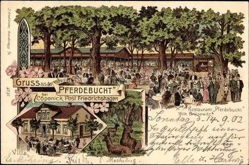 Litho Berlin Köpenick Friedrichshagen, Restaurant Pferdebucht, Gartenwirtschaft, Villa