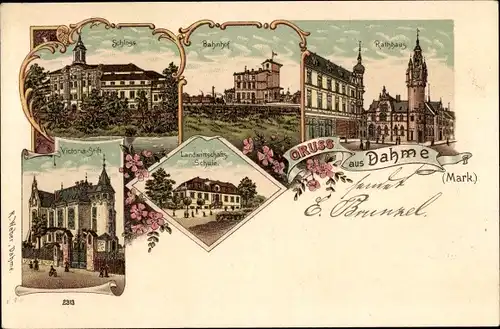 Litho Dahme in der Mark, Schloss, Bahnhof, Rathaus, Victoriastift, Landwirtschaftsschule