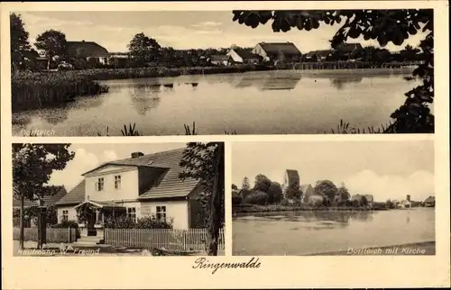 Ak Ringenwalde in der Mark, Dorfteich, Kaufmann W. Freund, Kirche