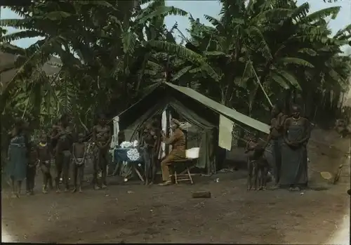 Glas Positiv Deutsch-Ost-Afrika um 1913, Zelt im Bananenhain, Kondeland