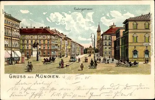 Litho München Bayern, Blick in die Ludwigstraße, Straßenbahn