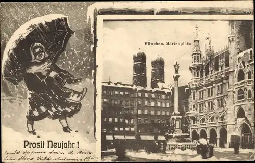 Ak München, Glückwunsch Neujahr, Schnee, Regenschirm, Kind, Marienplatz