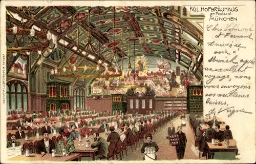 Litho München Bayern, Kgl. Hofbräuhaus, großer Festsaal, Innenansicht