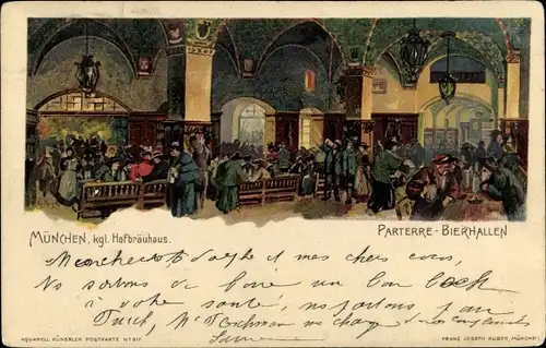 Litho München Bayern, Kgl. Hofbräuhaus, Parterre-Bierhallen