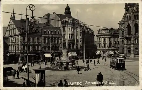 Ak Liberec Reichenberg in Böhmen, Staromestske namesti, Straßenbahn