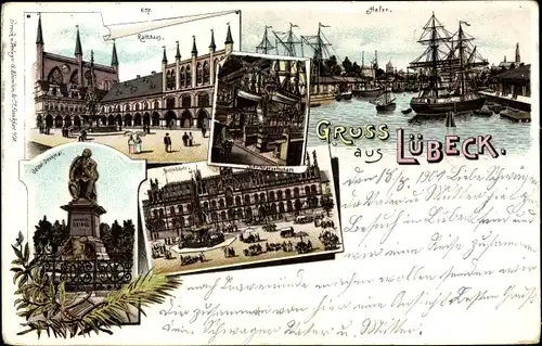 Litho Lübeck, Hafen, Rathaus, Geibel Denkmal, Post