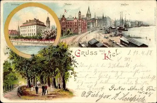 Litho Kiel Schleswig Holstein, Schloss, Post, Hafen, Dusternbroker Allee