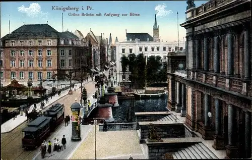Ak Kaliningrad Königsberg Ostpreußen, Grüne Brücke mit Aufgang zur Börse, Straßenbahn