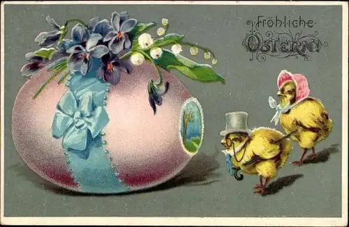 Ak Glückwunsch Ostern, Vermenschlichte Küken, Osterei, Veilchen