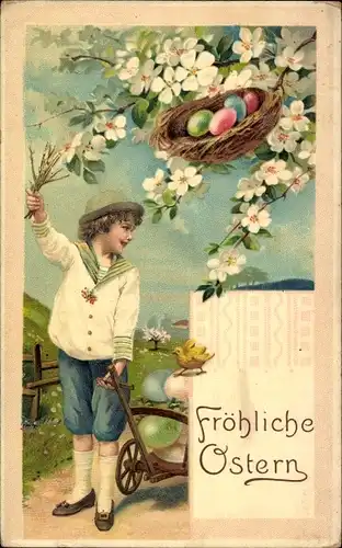 Ak Glückwunsch Ostern, Junge mit Handkarren, Ostereier