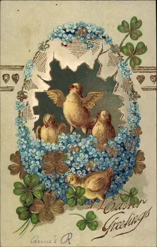 Präge Litho Glückwunsch Ostern, Küken, Osterei, Kleeblätter, Vergissmeinnicht