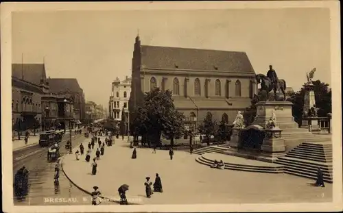 Ak Wrocław Breslau Schlesien, Straßenpartie am Denkmal