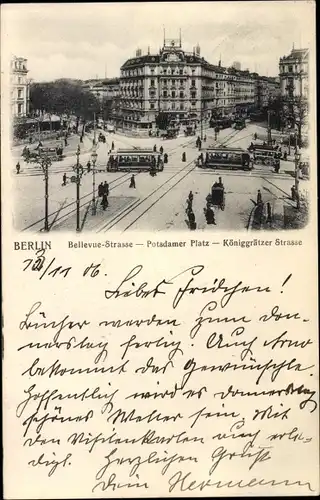 Ak Berlin Tiergarten, Potsdamer Platz, Bellevue-Straße, Königgrätzer Straße, Straßenbahn