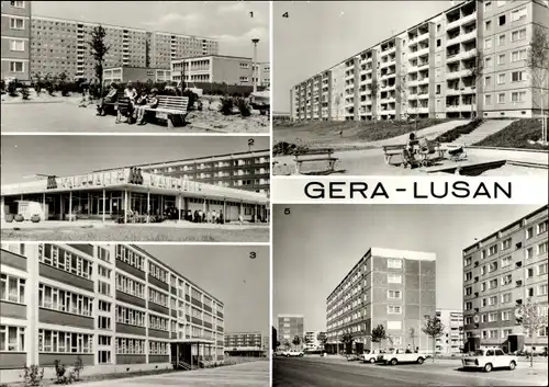 Ak Lusan Gera Thüringen, Str. d. Bauarbeiter, d. Neuerer, Kaufhalle Süd, Hans-Beimler-Oberschule