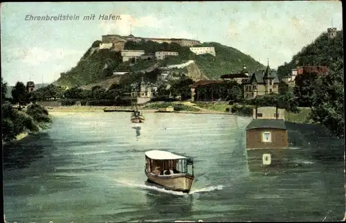 Ak Ehrenbreitstein Koblenz am Rhein, Teilansicht mit Hafen