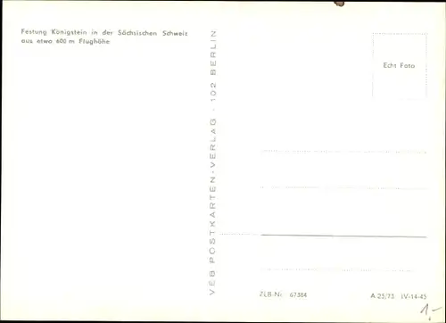 Ak Königstein an der Elbe Sächsische Schweiz, Festung aus etwa 600 m  Flughöhe