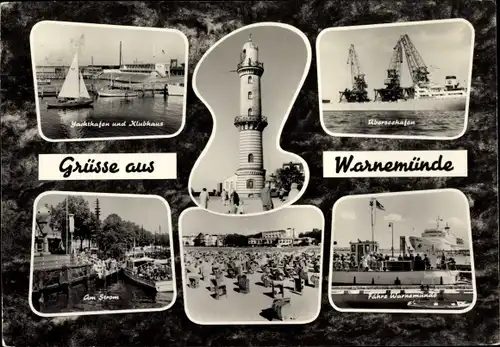 Ak Warnemünde Rostock, Yachthafen und Klubhaus, Überseehafen, Am Strom, Strand, Leuchtturm