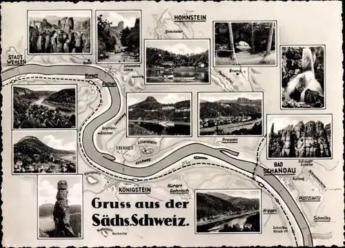 Landkarten Ak Königstein an der Elbe Sächsische Schweiz, Bad Schandau, Hohnstein, Wehlen