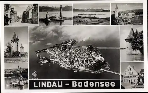 Ak Lindau am Bodensee Schwaben, Luftbild der Insel, Rathaus, Turm, Hafenpartie, Löwe, Dampfer