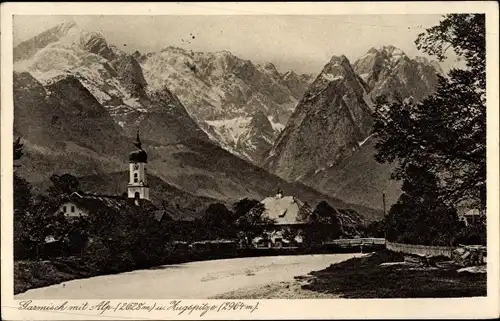 Ak Garmisch Partenkirchen in Oberbayern, Ortsansicht mit Zugspitze