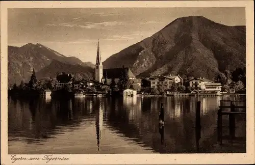 Ak Rottach Egern in Oberbayern, Blick auf den Ort, Kirchturm, Berge