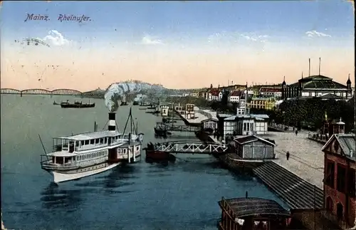 Ak Mainz am Rhein, Rheinufer, Dampfer