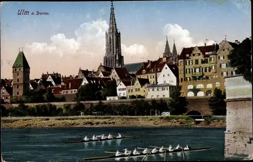 Ak Ulm an der Donau, Teilansicht, Ulmer Münster, Ruderboote