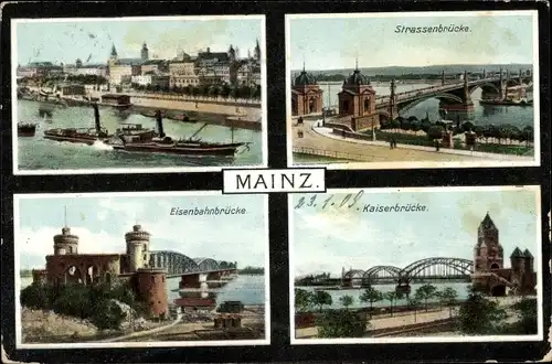 Ak Mainz am Rhein, Eisenbahnbrücke, Straßenbrücke, Kaiserbrücke
