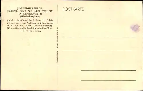 Ak Wipperfürth im Oberbergischen Kreis, Jugendherberge, Hindenburghaus