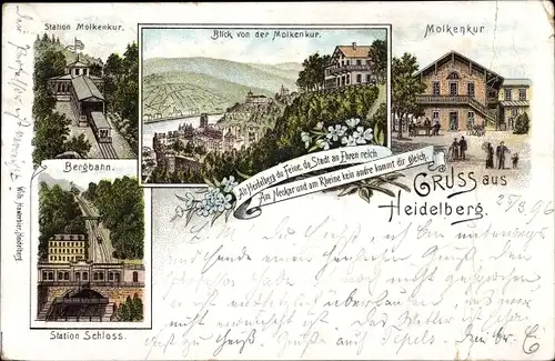 Litho Heidelberg am Neckar, Ansichten der Molkenkur, Station, Bergbahn
