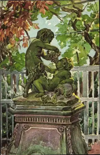 Künstler Ak Huber, Würzburg am Main Unterfranken, Kindergruppe mit Traube, Hofgarten Würzburg