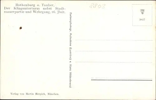 Ak Rothenburg ob der Tauber Mittelfranken, Klingentorturm nebst Stadtmauer