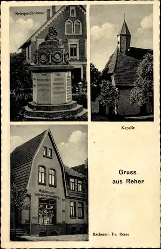 Ak Reher Steinburg in Holstein, Kriegerdenkmal, Kapelle, Bäckerei