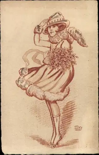 Künstler Ak Sky, Frau mit Mantel und Hut im Sturm