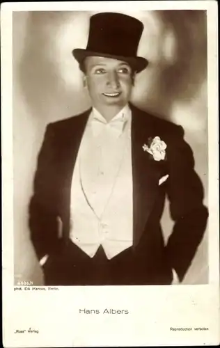 Ak Schauspieler Hans Albers, Portrait, Smoking, Fliege, Zylinder, Ross Verlag 4036 1