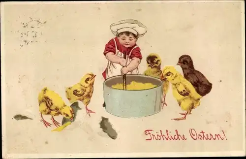 Präge Ak Glückwunsch Ostern, Kind beim Kochen, Küken
