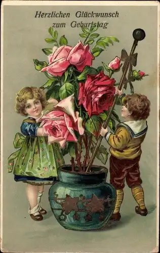 Ak Glückwunsch Geburtstag, Kinder, Blumenvase, Rosen