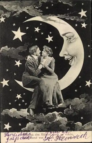Ak Liebespaar auf Mondsichel sitzend, Sterne