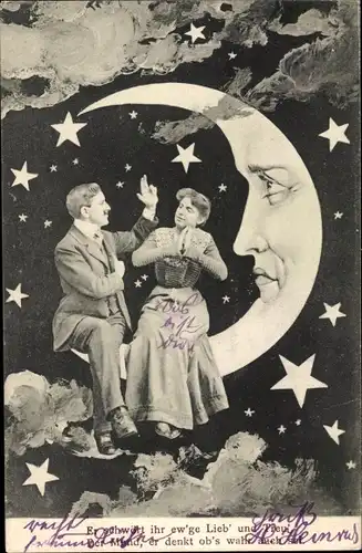 Ak Liebespaar auf Mondsichel sitzend, Sterne, Er schwört ihr ewige Liebe...