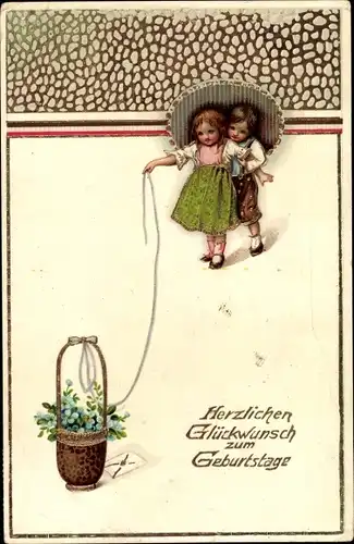 Ak Glückwunsch Geburtstag, Kinder, Vergissmeinnicht, Korb