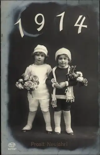 Ak Glückwunsch Neujahr 1914, Kinder, Rosen, Blumenstrauß