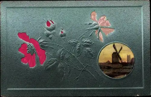 Stoff Ak Blühende Blumen, Windmühle, Kitsch