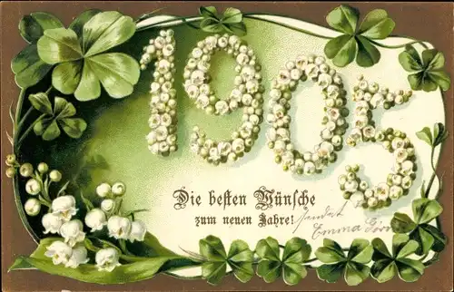 Präge Litho Glückwunsch Neujahr, Jahreszahl 1905 aus weißen Blüten, Kleeblätter