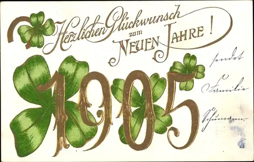 Präge Ak Glückwunsch Neujahr, Jahreszahl 1905, Kleeblätter